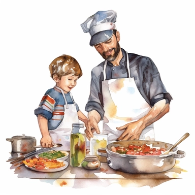 A father and son cooking together in the kitchen, wearing chef hats and aprons, Watercolor, Clipart, detailed, high resolution, transparent background PNG