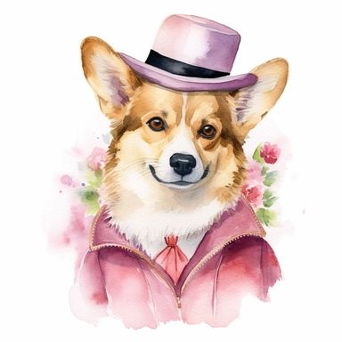 An adorable watercolor clipart of a Doggy Diva wearing a fashionable outfit, tri-color Pembroke Welsh Corgi