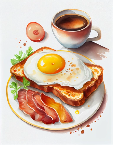 watercolor plate with bacon and sunny side up egg and toast and coffee, realistic, isolated on a white background, clipart