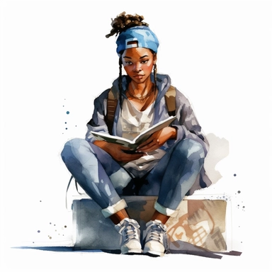 watercolor clip art image of a black teenage girl wearing hip-hop clothes holding a magical book, waiting at a bus stop