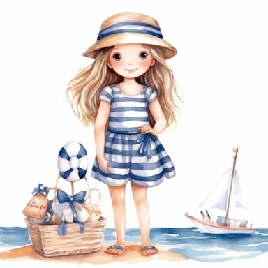 Cute little girl on the beach,dressed in nautical patterns,summer watercolor clipart with white background