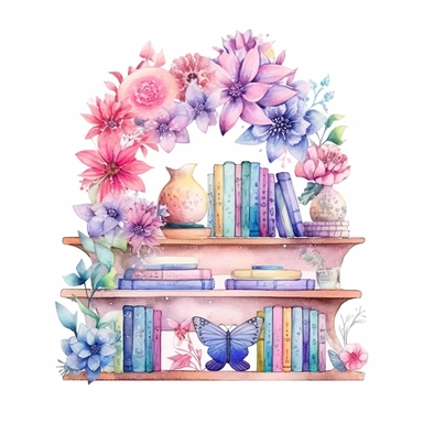 fantasy,cute,little,floral bookshelf with 5/6 bookd,digital watercolor,light colors,clipart,white background