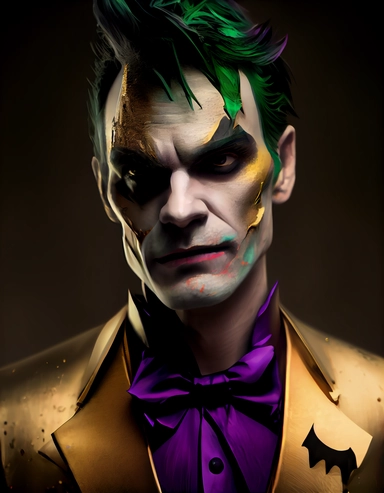 Digital art, Incredibly Detailed Extreme Face Closeup of Joker with gold makeup and black hair, in the style of dadaist photomontage, octane render, kintsugi, devilcore, raw character, dark silver and gold, sony alpha a7 iii. Wearing a gold suit with blac