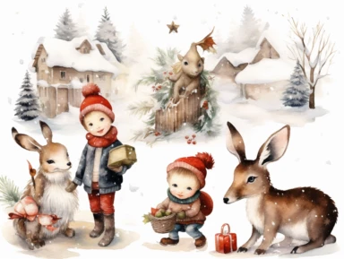 christmas watercolor clipart kids playing in snow, in the style of kitsch aesthetic, murals and wall drawings, dark white and dark beige, depictions of animals, domestic interiors, cut and paste, cottagepunk
