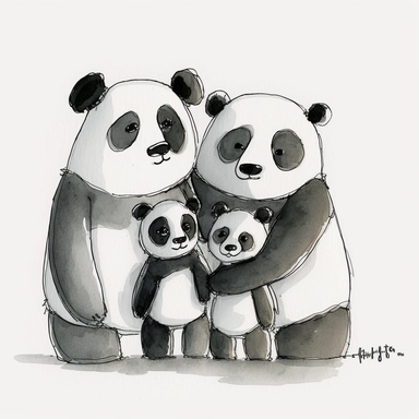 watercolor and ink drawing of a portrait of a family of four happy panda bears, one mom bear, one dad bear, two baby bears, clipart, embracing each other, cute pose, cartoon, doodle, happy, smiling, beautiful watercolor ink wash coloring, thick pencil lines, quentin Blake, Adrian tomine, popular on etsy, watercolor illustrations clipart, watercolor illlustrations for kids and children, book illustrations, plain white background