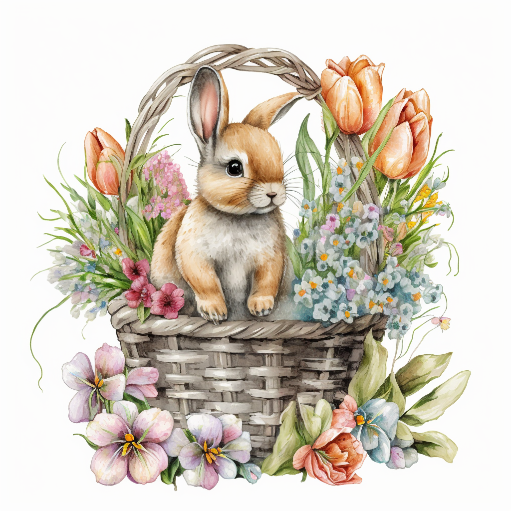 Easter baby rabbit sitting in a wicker basket full of eggs,Tulips ...