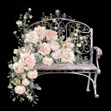a set of unique EFFERVESCENT watercolor-style clip art images of white garden bench against a black background, The overall mood of the images should be a fantasy floral wonderland, with a focus on the beauty and fantasy of gardening and beauty, and the elegance of blush pink roses and whimsical designs. single design clip art, think French garden in the springtime, watercolor blush pink rose Garden Clipart, in the style of Leonid Afremov, each image must be on a black background with margins, e