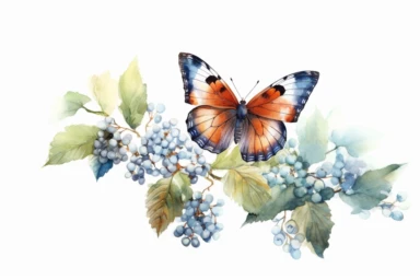 Watercolor, Generate an image of a California Sister butterfly perched on a branch, surrounded by native plants from its habitat, clipart, hd, on a white background, spaced out