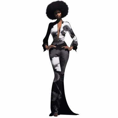 Create clipart featuring white background a full-body black girl runway pose, of a beautiful,designers clothing