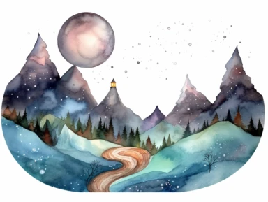 Simple mountain range with Whimsical rolling hills and mountains for a children's book, night scene, watercolor, clipart, white background,