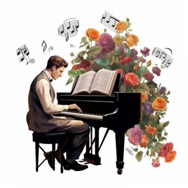 model man playing piano, flower and a music book digital clipart on white background