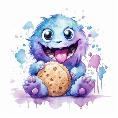 cute Monster eat Cookies , watercolor, watersplash, White Background,sweet, funny, Clipart