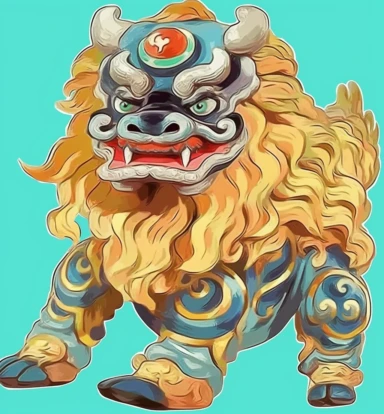a lion dressed in oriental and holding a lion head png clipart, in the style of light yellow and light azure, chaïm soutine, colorful animation stills, chinese painting, animated gifs, polychrome terracotta, tapestry-like