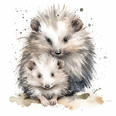 cute minimalist mama and baby porcupine, boho Clipart, Abstract Boho Clipart, Modern Boho, , Bohemian, , trending on artstation, super detailed, HQ, 8k hyper realistic watercolor chic, cute, detailed, watercolor, cohesive, balanced, , white background, border, beautiful