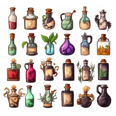 Witches inventory, witchcraft, labels, flasks, elixir, illustrated clipart, minimalist, isolated white background, 8k