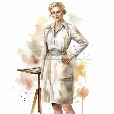 watercolour clipart of a beautiful woman class teacher, full length, high quality, very high details , white background