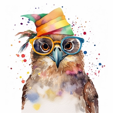 please create watercolor clipart of a hawk smiling, wearing party GLASSES AND PARTY POPPERS, colorful, WHITE BACKGROUND