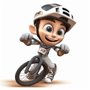 cartoon chibi boy riding a mountain bike downhill in action, smiling, wearing a bicycle helmet with straps,full body, downhill bicycle clipart, Sport graphics, isolated on white background, 3d, rendered by pixar
