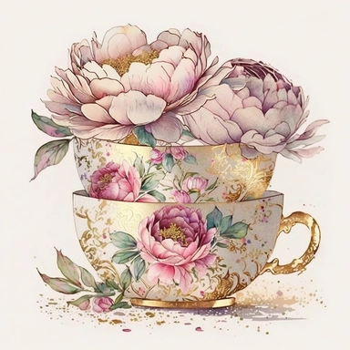 3 stacked vintage teacup, pink pastel peonies inside, glitter around, white, gold, glitter, fantasy, realistic illustration, watercolor, by Dinara Mirtalipova, by Disney, by rifle paper co, bright and airy Colors, concept art, white background, clipart