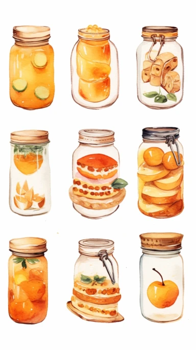 A delightful collection of orange watercolor clipart mason jars filled with scrumptious desserts, floating in mid-air against a clean, white background. The mason jars are isolated, creating a sense of focus on the desserts. They are delicately suspended in a whimsical manner, as if defying gravity. The desserts inside the jars appear to be levitating as well, adding a touch of magic to the scene. The white background provides a clean and minimalist aesthetic, allowing the desserts and mason jar