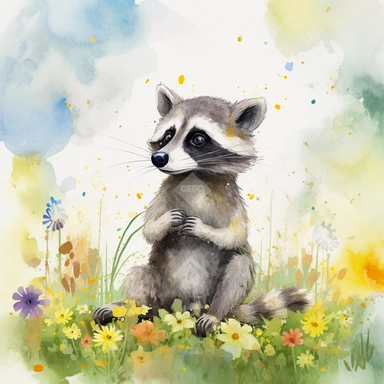 Watercolor clipart of a mischievous woodland raccoon, its distinctive black mask and grey fur meticulously represented, holding a shiny trinket while sitting amidst a field of buttercups, an atmosphere of whimsical fun and the vibrant colors of a sunny spring afternoon, Illustration, digital watercolor using a textured brush for a hand-painted effect,