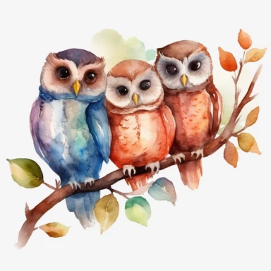 watercolor multiple owls on a tree branch, clipart