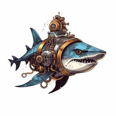 steampunk shark, dirty style Sublimation Clipart, isolated on white background