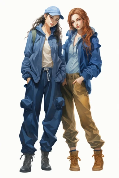 two fullbody women on their backs , wearing blue pants and jackets, clipart