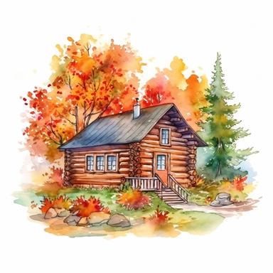 a log cabin in the woods with a garden. it is autumn. on a white background. clipart. watercolour