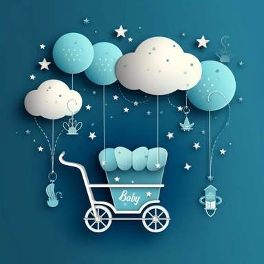 a baby clipart with a carriage and balloons, in the style of dark sky-blue and light azure, typography, strong use of color, handsome, ad posters, rounded, high-angle