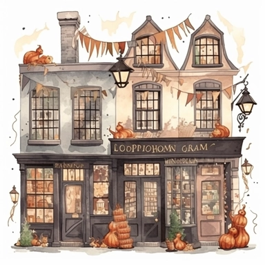 a spooky magic shop decorated for Halloween , diagon alley from Harry Potter inspired, magical, Gouache, white background with margins, Clipart style