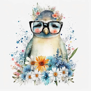 Winter, christmas, white background, watercolor, adorable baby penguin with glasses, clipart, colorful, floral, winter flowers