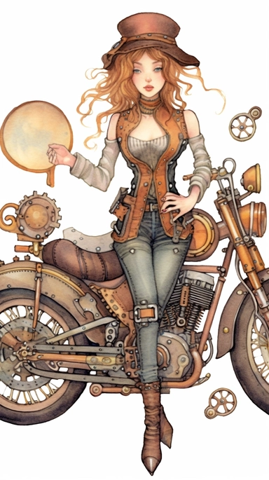 watercolor steampunk girl entire body illustration in front of a steampunk motorcycle full clipart image by holly hobbie and mary engelbreit