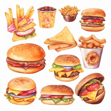 fastfood, clipart set, pizza, donut, hot dog, hamburger, cheeseburger, ice cream, popcorn, isolated on white background
