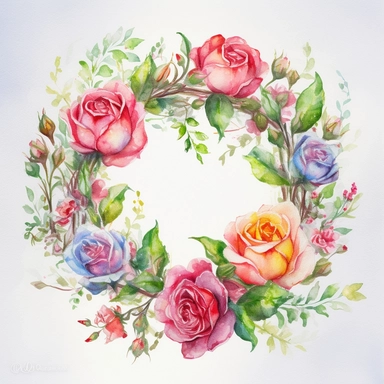 Watercolor Painting of beautiful multi - headed Rose Wreath FLOWERS on white background DETAILED ILUSTRATION, Flora Design Patterns, Flemish Baroque by Rachel Ruysch, Behance, Rococo, Intricate Detailed, Soft Light Effect, Oil Paint Strokes, Light Academia Aesthetic Flowers, Lighting cinematic, all shown shimmering stamens, tyndall light, texture, colorful, 8k, fantasy, ray tracing, vivid, spectacular lighting, octane rendering, highly detailed, ultra - realistic, white background, clipart
