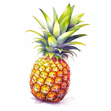 watercolor, white background, no text, no stains, clarity picture, high quallity, dynamic colors, High-Resolution, Color Preservation, Noise Reduction, Sharpness Boost, Saturation Control, An elegant and intricate pineapple illustration takes center stage in this clipart. The pineapple is rendered in a highly detailed and realistic style, capturing the intricate texture and patterns of its skin. Delicate leaves and curving lines enhance the aesthetic appeal of the artwork. The pineapple sits on 
