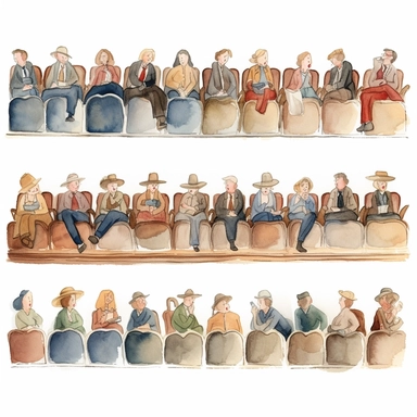 watercolor 1910s 1920s 1930s 1940s theatre spectator rows, illustrations clipart set, simple, , cartoon elements ,different variants ,shows,separate elements with a margin