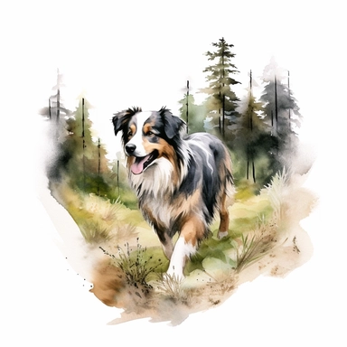 Australian Shepherd exploring a forest trail, white background, watercolor clipart