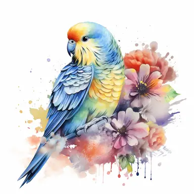 budgie bird,watercolour style, colourful, rainbow, watercolour, isolated solid background, pretty, floral, clipart, include branch and flowers--no watermark, text, words, paintbrush, typography