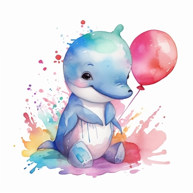 please create watercolor clipart of a baby dolphin, smiling, wearing party props, balloons and preseents, colorful
