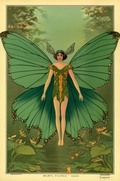 Vintage 1920 Symmetrical Fully Clothed Female Fairy with Large green Wings on its back Illustration, Chromolithograph, 1920s Illustration, Vintage, Antique, Ephemera, Clipart, 8k, on a vintage magazine cover