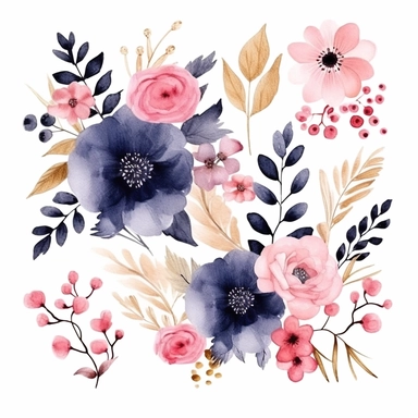 wedding floral clipart, watercolor, pink and golden and navy blue colors, isolated on white