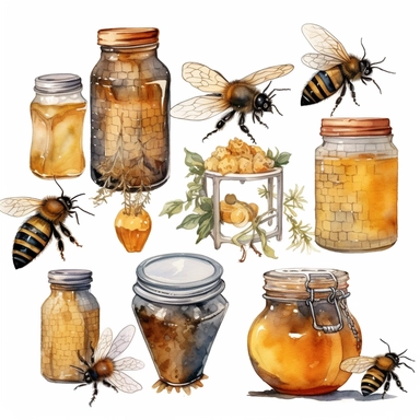 watercolor clipart, bees, honey, jars, hive, honeycomb, extremely detailed, realistic