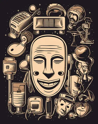 actor stage, microphone and equipment vector clipart, in the style of social media icons, free-flowing lines, ritualistic masks, poetcore, #myportfolio, human-canvas integration, black-and-white