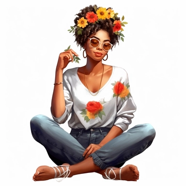 ultra detailed Black Girl Self Love Clipart, solid white background, cozy outfit, beautiful, super cute , super hot, full body shot, self love, peaceful, watercolor, floral, relaxed sitting pose, with win glass, thick , contour, PHOTOREALISM portrait , by ANIMATION