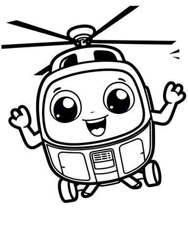 Kawaii helicopter flying high with a smiling pilot For Simple Coloring page,line art, thick lines, black and white,clipart, illustration, on white background,Detailed,Details