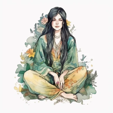 bohemian girl with long black hair, green eyes, sitting in lotus position , in the style of mucha, in the style of realistic watercolor, watercolor clipart on white background,die cut on white background, 8k, Job ID: 604300f4-6984-4a9a-aa16-00313a985d77 Seed: 1300855054 8k, ar 4:5