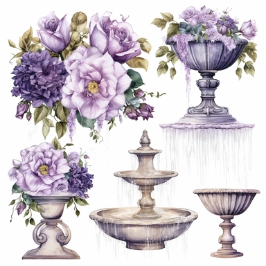 vintage purple rose fountains clipart set handwriting on white background