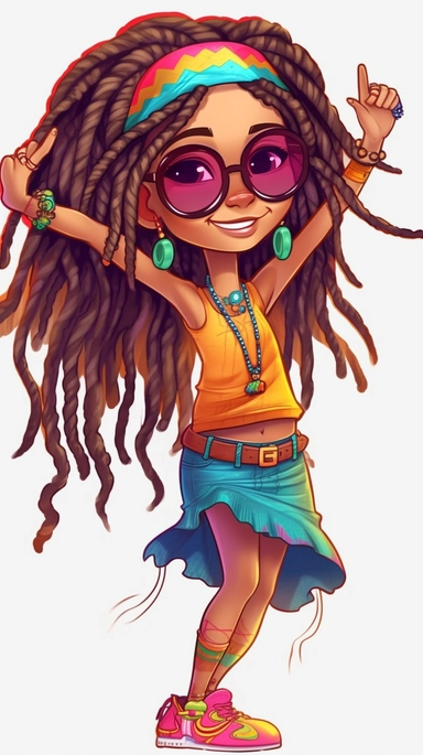 cute cool girl dancing with wild colorful dreadlocks, chibi style, jewelry, hip hop clothing, clipart, whole body, beach background,