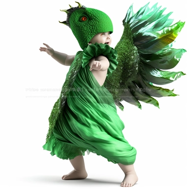 green baby girl Godzilla, looks like an alien, doing high step dance moves, wearing a designer dress made from Phoenix feathers , ultra high fashion, wearing ruby neck scarf, techno lighting, disney cuteness, plain white background, cutout clipart